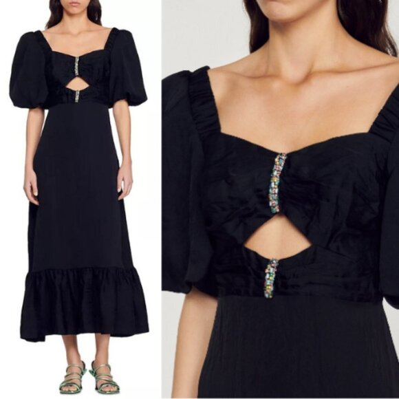 New! Sandro Falbala Embellished Cutout Black Midi Dress 17267 - Picture 1 of 16